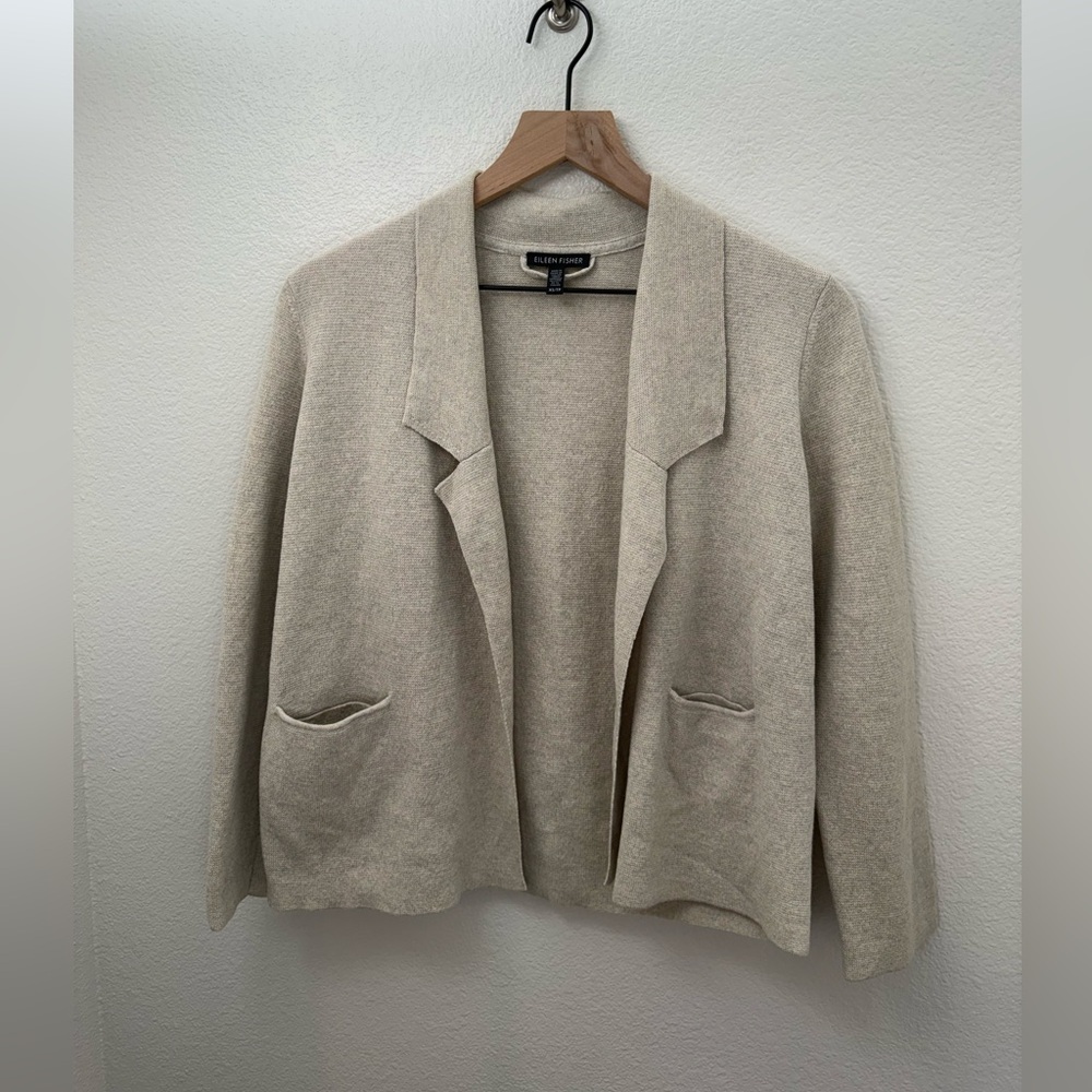 Eileen Fisher 100% Wool Oatmeal Blazer Style Open Front Cardigan Sweater XS